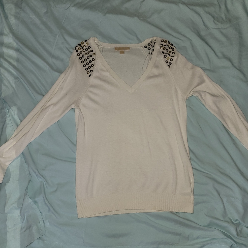 Women's V-Neck Sweater with Studded Shoulders